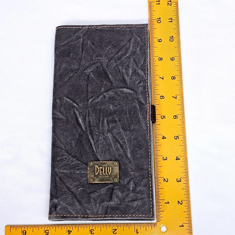DELLY Men's Distressed Dark Gray Leather Long Bifold Wallet Clutch VTG Organizer
